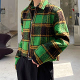 Men's Winter Green Plaid Jacket Short Single-breasted Coat