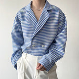 Men's Blue Check Suit Jacket Collar Long-sleeved Shirt