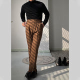 Men British Vintage Casual Neapolitan High Waist Straight Leg Pants