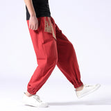 Men's Hip Hop Harem Pants Joggers Linen Drawstring Elastic Waist Baggy Drop Crotch Sweatpants Trousers