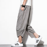 Men's Harem Pants Casual Lightweight Elastic Waist Wide Leg Baggy Linen Capri Pants Trousers