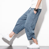 Men's Harem Pants Casual Lightweight Elastic Waist Wide Leg Baggy Linen Capri Pants Trousers