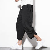 Men's Harem Pants Casual Lightweight Elastic Waist Wide Leg Baggy Linen Capri Pants Trousers