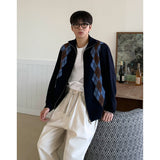 Rhombus Stand Collar Knit Zip Cardigan