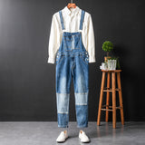 Men's Denim Distressed Bib Overalls Fashion Slim Fit Jumpsuit with Pockets