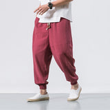 Men's Hip Hop Harem Pants Joggers Linen Drawstring Elastic Waist Baggy Drop Crotch Sweatpants Trousers