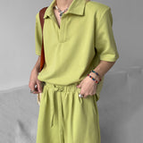 Summer Casual Solid Short Sleeve Lapel V-NeckShorts Casual Suit