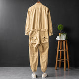 Men's Vintage Casual Long Sleeve Jumpsuits Button-Front Work Coverall with Multi Pockets