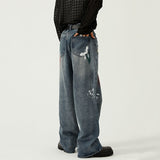 Men's Casual Ripped Irregular Graffiti Wide Leg Jeans