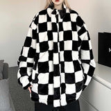 Hip-hop Plush Plaid PU Leather Thickened Reversible Coat