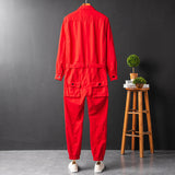 Men's Fashion Casual Long Sleeve Jumpsuits Button-Front Work Coverall with Multi Pockets