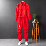 Men's Fashion Casual Long Sleeve Jumpsuits Button-Front Work Coverall with Multi Pockets