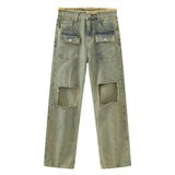 Mens Distressed Raw Ripped Straight-leg Jeans