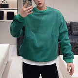 Men's Green Round Neck Long Sleeves Corduroy Sweatshirt