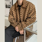 Men's Vintage Wide Shoulder Zip Lapel Plaid Jacket