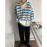 Casual Loose Striped Color Block Knit Hooded Sweater