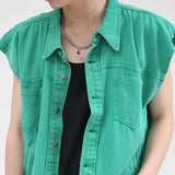 Men's Two Piece Green Sleeveless Denim Jacket and Shorts Suit Vest