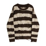 Irregular Hole Stripe Twist Pullover Medium Length Sweater Knitwear