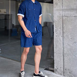 Men's Summer Casual Simple Slim Fit Thin Denim Short Sleeve Shirt And Shorts Set