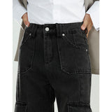 Retro Casual Loose Wide Leg Black Wash Cargo Jeans