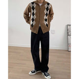 Rhombus Stand Collar Knit Zip Cardigan