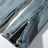 American Ripped Holes Zipper Slit Slim Fit Washed Jeans