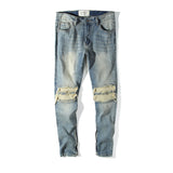 American Ripped Holes Zipper Slit Slim Fit Washed Jeans