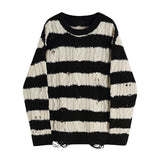 Irregular Hole Stripe Twist Pullover Medium Length Sweater Knitwear