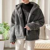 Men Loose Thick Plush Solid Color Hooded Jacket