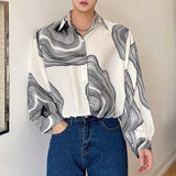 Men's Black and White Abstract Irregular Print Contrast Color Long Sleeve Shirt