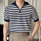 Ice Silk Short-sleeved POLO Shirt Mens Retro Color Contrast Striped Knitted T-shirt