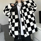 Hip-hop Plush Plaid PU Leather Thickened Reversible Coat