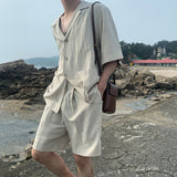 Men Summer Casual Loose Linen Short Sleeve Shirt And Pants Set