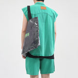 Men's Two Piece Green Sleeveless Denim Jacket and Shorts Suit Vest