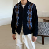 Rhombus Stand Collar Knit Zip Cardigan