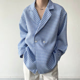 Men's Blue Check Suit Jacket Collar Long-sleeved Shirt