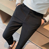 Men Business Casual Elastic Waist Slim Fit Solid Waffle Pants