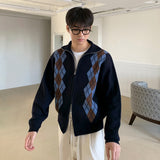 Rhombus Stand Collar Knit Zip Cardigan