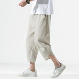 Men's Harem Pants Casual Lightweight Elastic Waist Wide Leg Baggy Linen Capri Pants Trousers