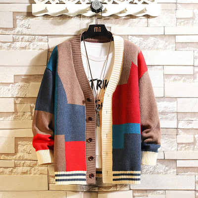 Contrast Panel V-Neck Knit Cardigan