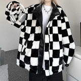 Hip-hop Plush Plaid PU Leather Thickened Reversible Coat