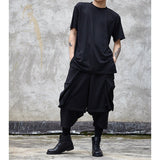 Men Dark Casual Big Pocket Stitching Fake Two-Piece Pants