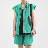 Men's Two Piece Green Sleeveless Denim Jacket and Shorts Suit Vest