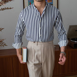 Men's Slim-fit Stand-up Collar Striped Long-sleeved Shirt