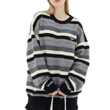 Casual Crew Neck Striped Long Sleeves Knitted Sweater