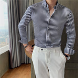 Men's British Casual Slim Striped Long Sleeve Shirt