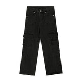 Retro Casual Loose Wide Leg Black Wash Cargo Jeans