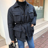 Men's Casual Winter Thickened Belt Cinch Waist Multi Pocket Coat