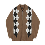 Rhombus Stand Collar Knit Zip Cardigan