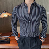 Men's British Casual Slim Striped Long Sleeve Shirt